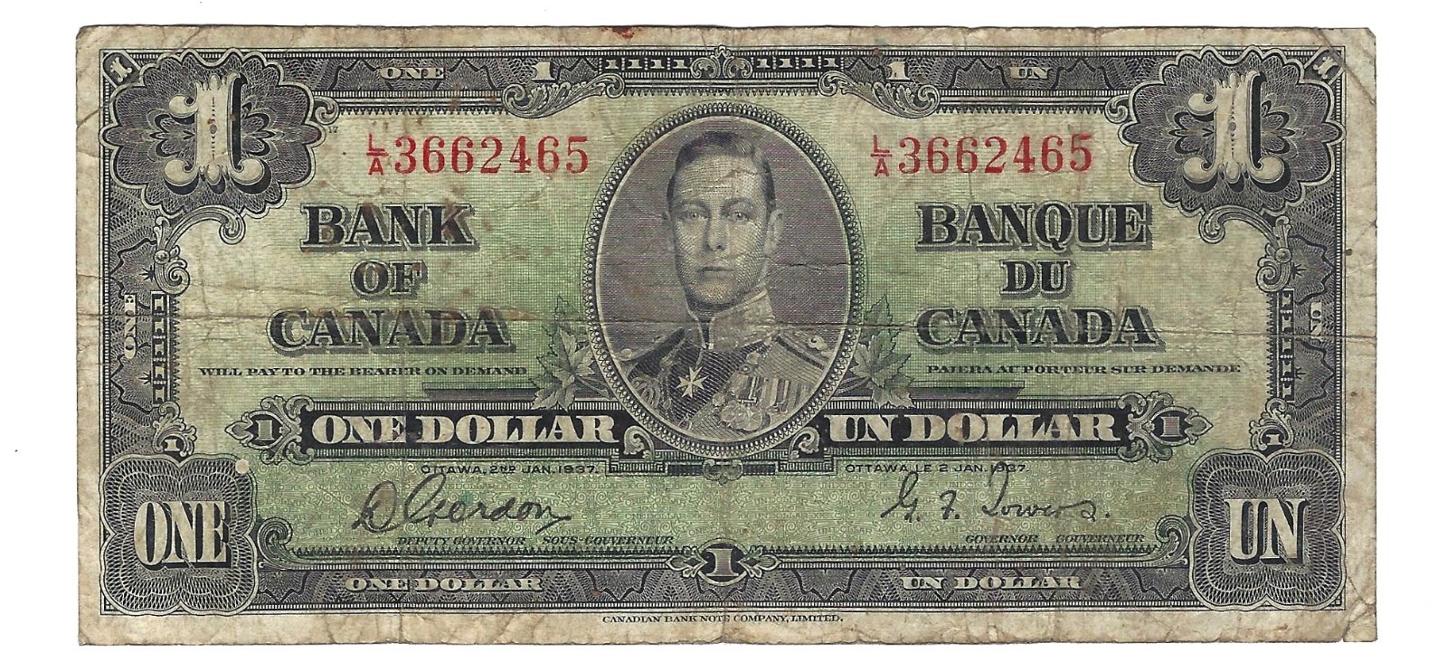 1937 Canada $1 One Dollar Banknote Gordon-Towers (WP) L/A3662465 BC-21c  VG-F