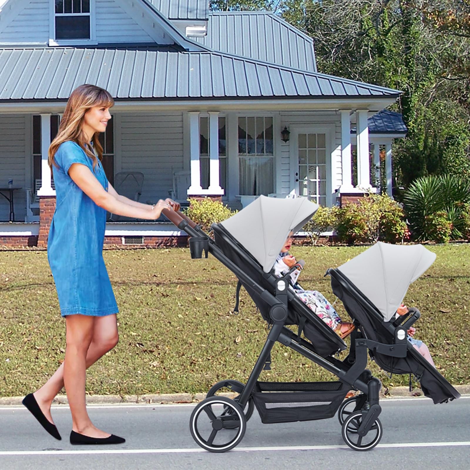 Double Stroller for Infants,Toddlers,Foldable Tandem Stroller Adjustable Backres