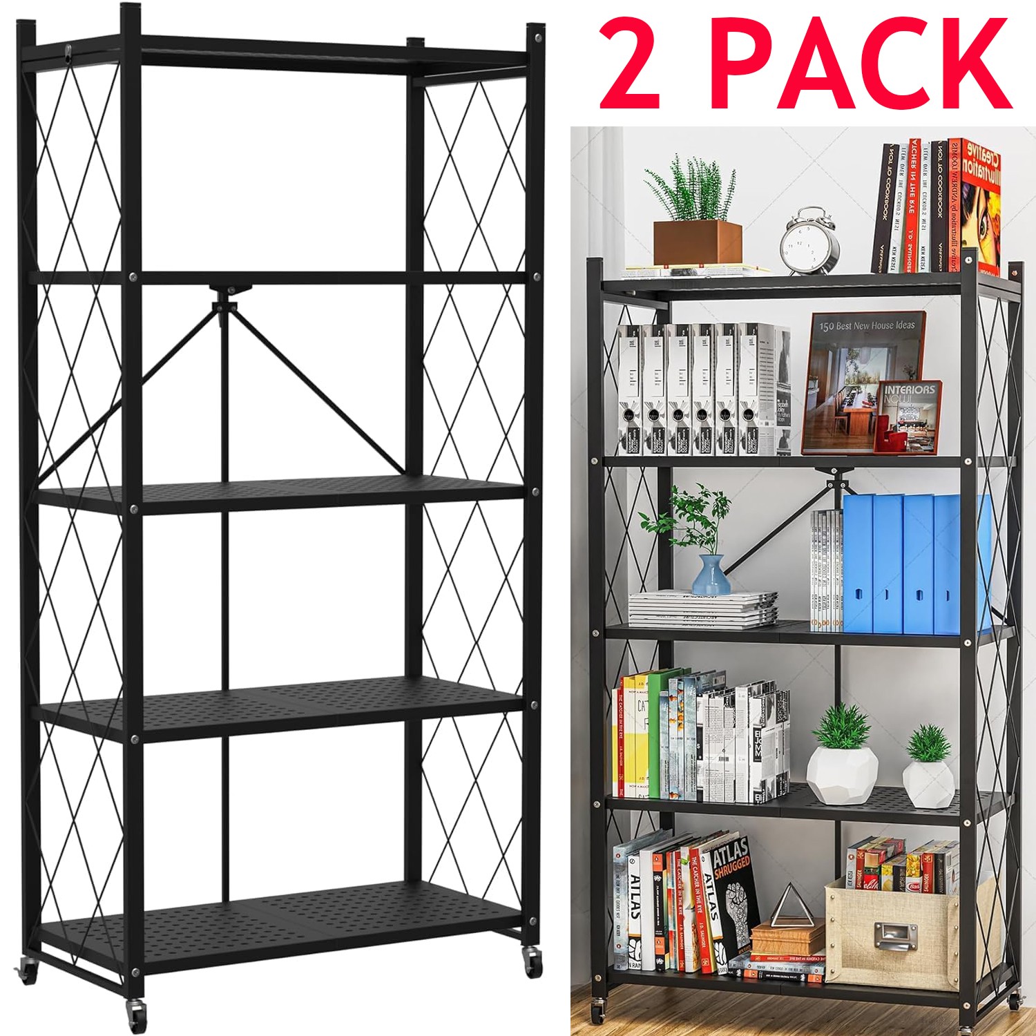 2x 5 Tier Heavy-Duty Storage Rack Collapsible Shelving Kitchen Garage Metal New
