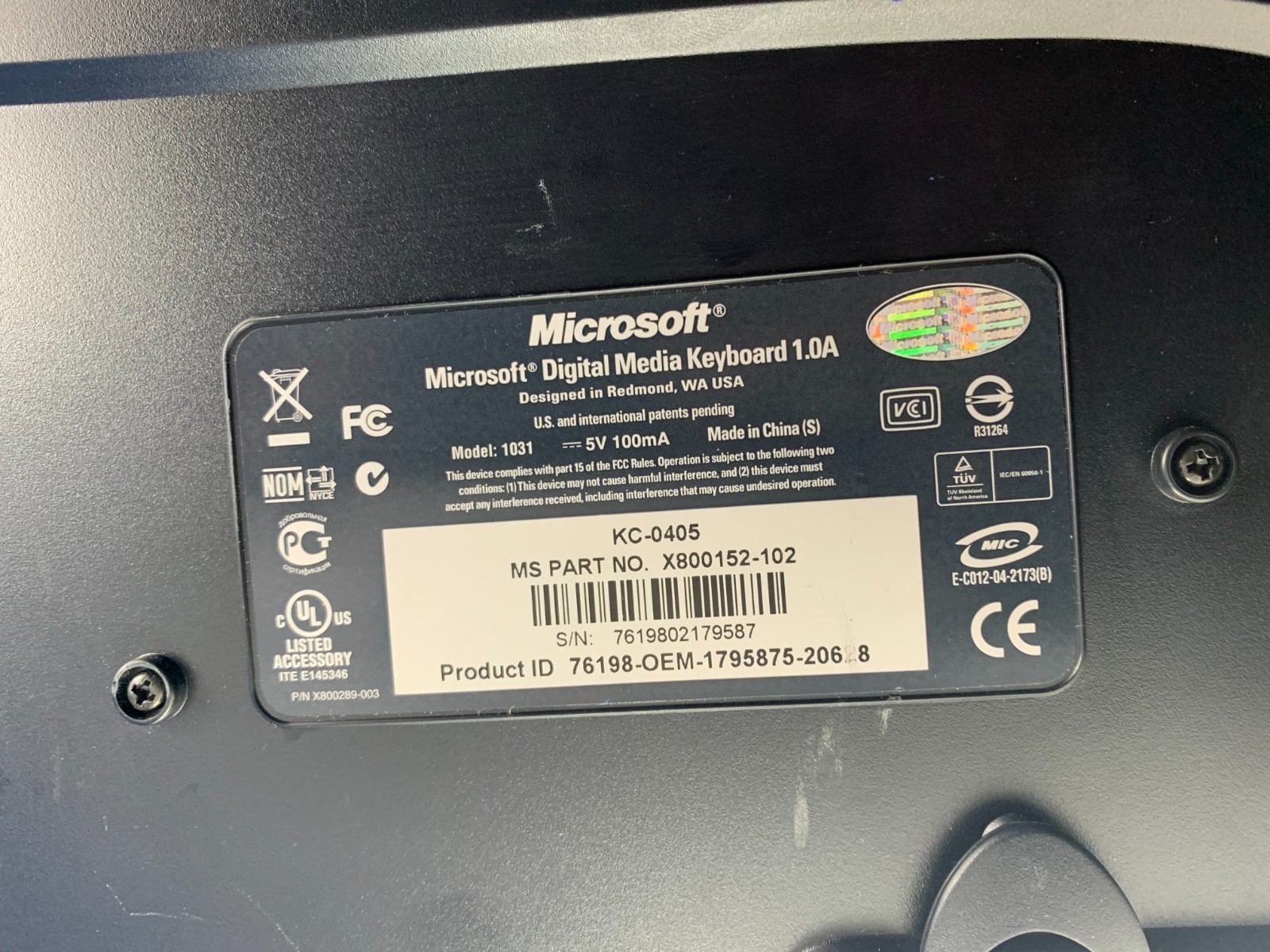 MICROSOFT Digital Media KEYBOARD USB Multimedia 1.0A Model 1031 Wired Black