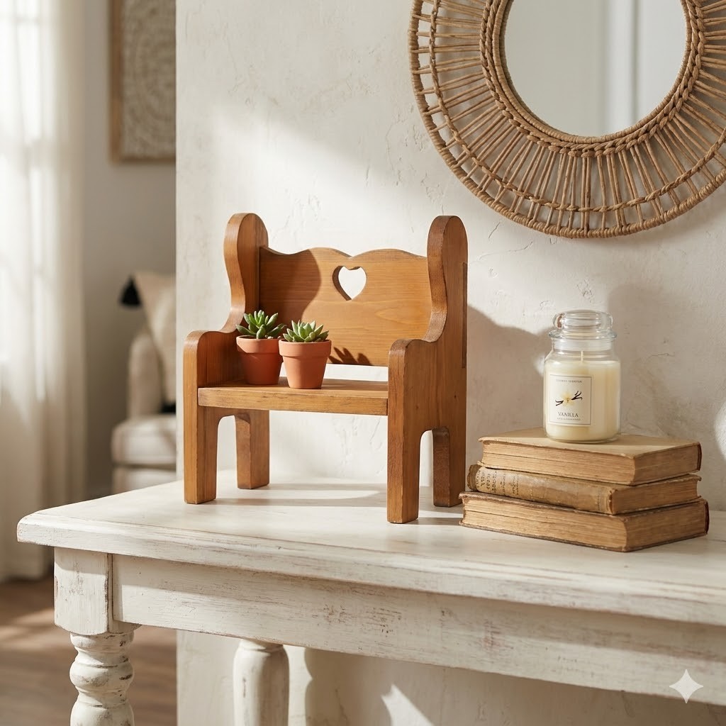 Handmade Artisan Wood Heart Bench Stool Vintage Country Farmhouse Decor 12"