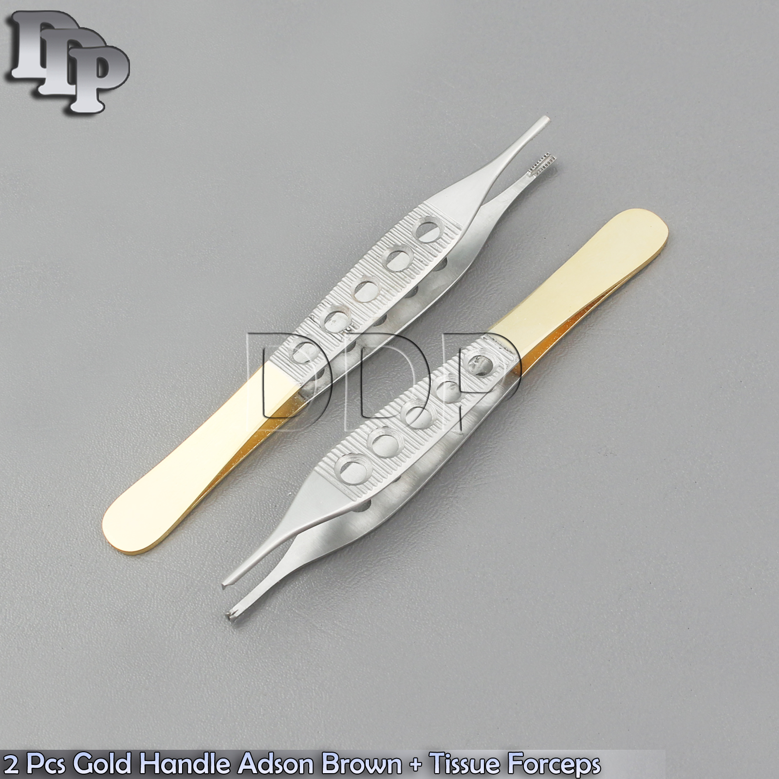 2 PCS GOLD HANDLE ADSON BROWN 9x9 TEETH+TISSUE 1X2T KOCHER FORCEPS 6" STRAIGHT