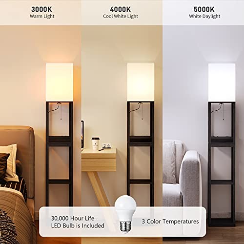 Black Solid Wood Floor Lamp with Shelves - Modern Dimmable - 1 Black