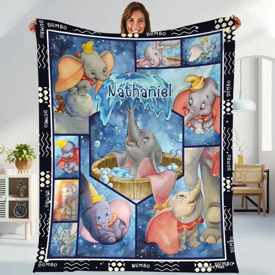 Personalized Cute Flying Elephant Flannel Blanket Custom Name Baby Gift