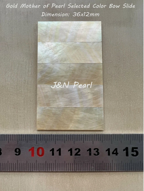 J&N Pearl 5pcs 36x12mm 1 to 1.3mm Thick Selected Gold Mother of Pearl Bow Slide