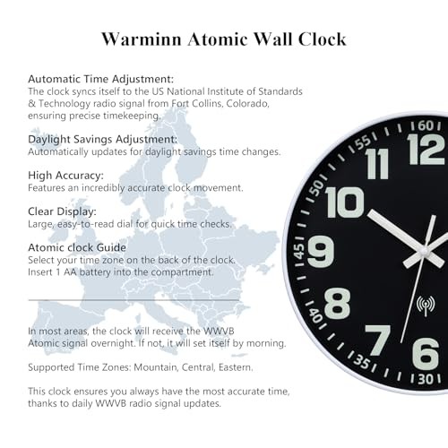Atomic Clock with Glow in the Dark - Analog Sets Automatically Battery