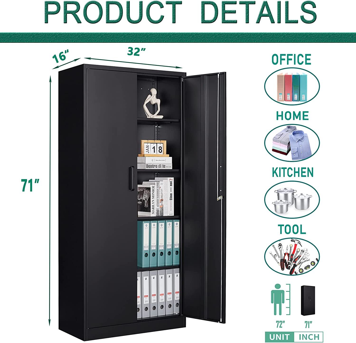 Metal Storage Cabinet with 4 Adjustable Shelves 2 Locking Door for Home Garage