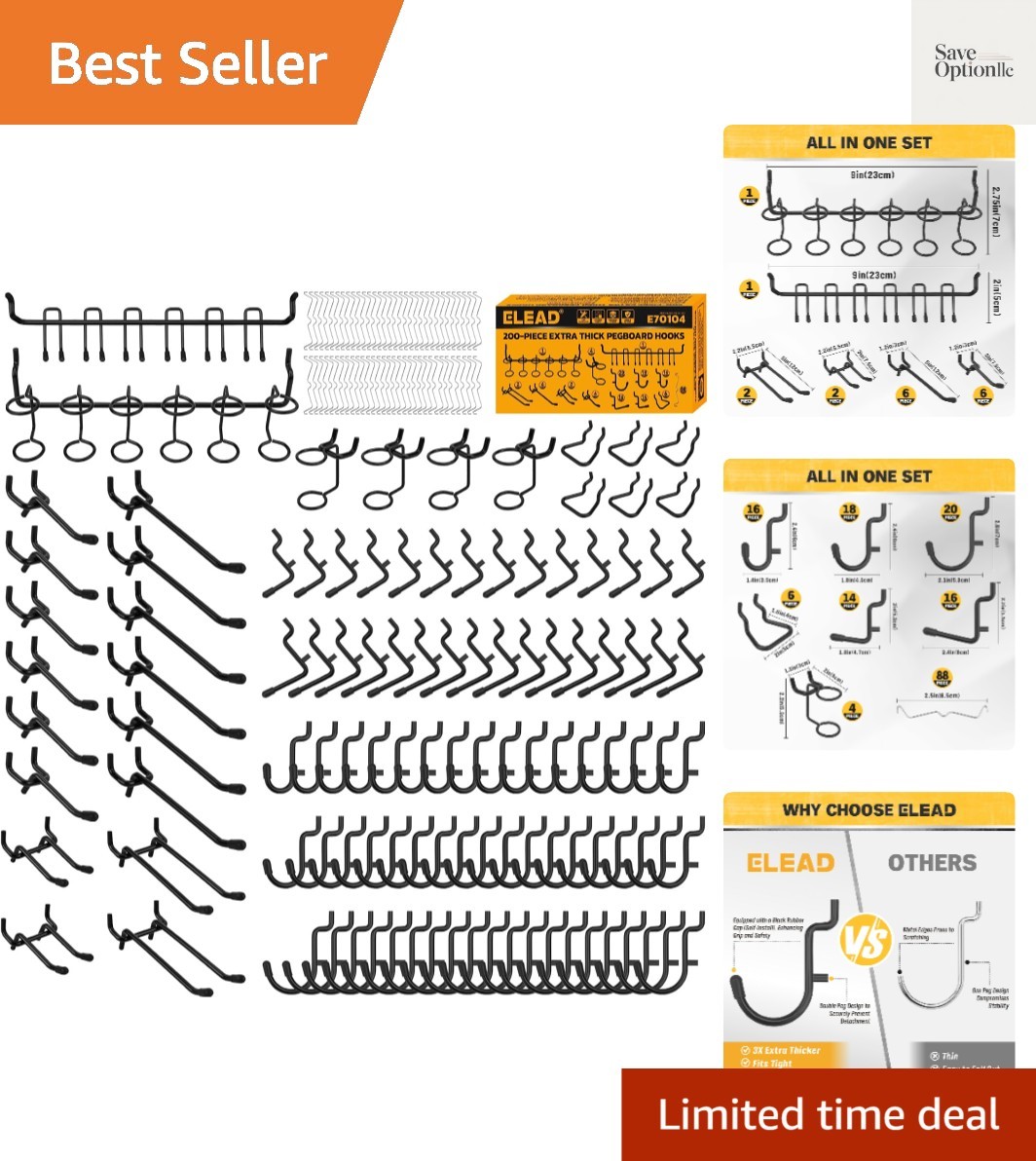 200-Piece Extra Thick Pegboard Hooks Set, 1/4" Heavy Duty Black Peg Board Org...