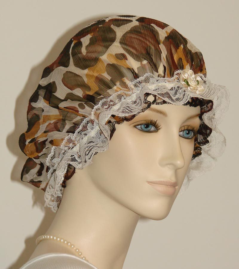Hair Bonnet Animal Fur Print Chiffon Silk w/ Cream Lace or Sleep Cap - Adult Sze