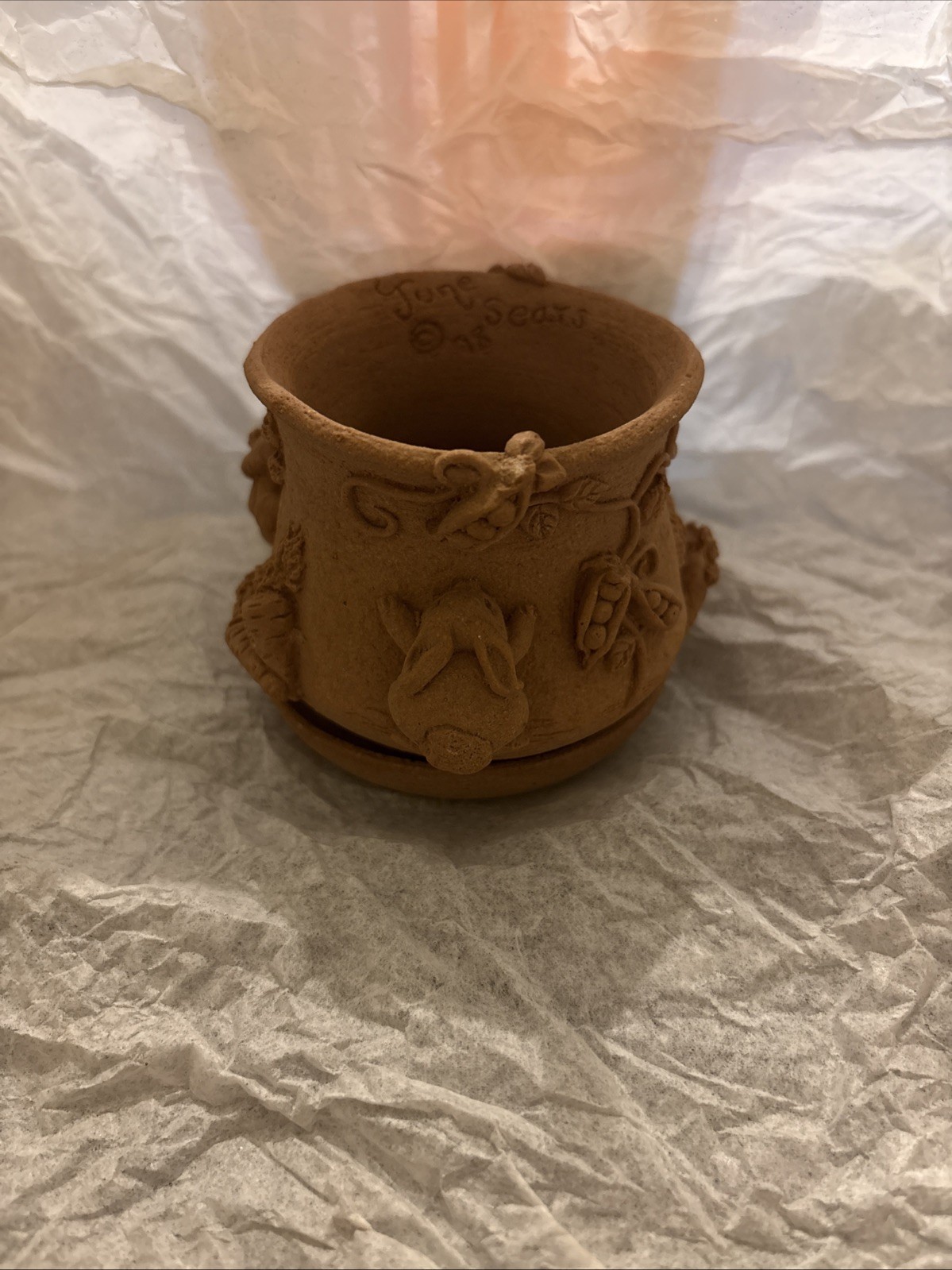 Vintage June Sears Pottery Planter Brown Clay Pea Pods Bunny Rabbits