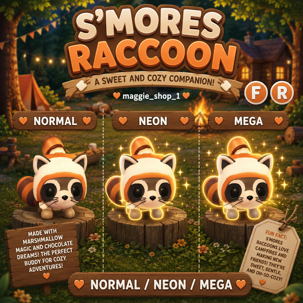 S'mores Raccoon FR Normal/Neon /Mega ✨ Adopt From Me Today ✨ Top Picks