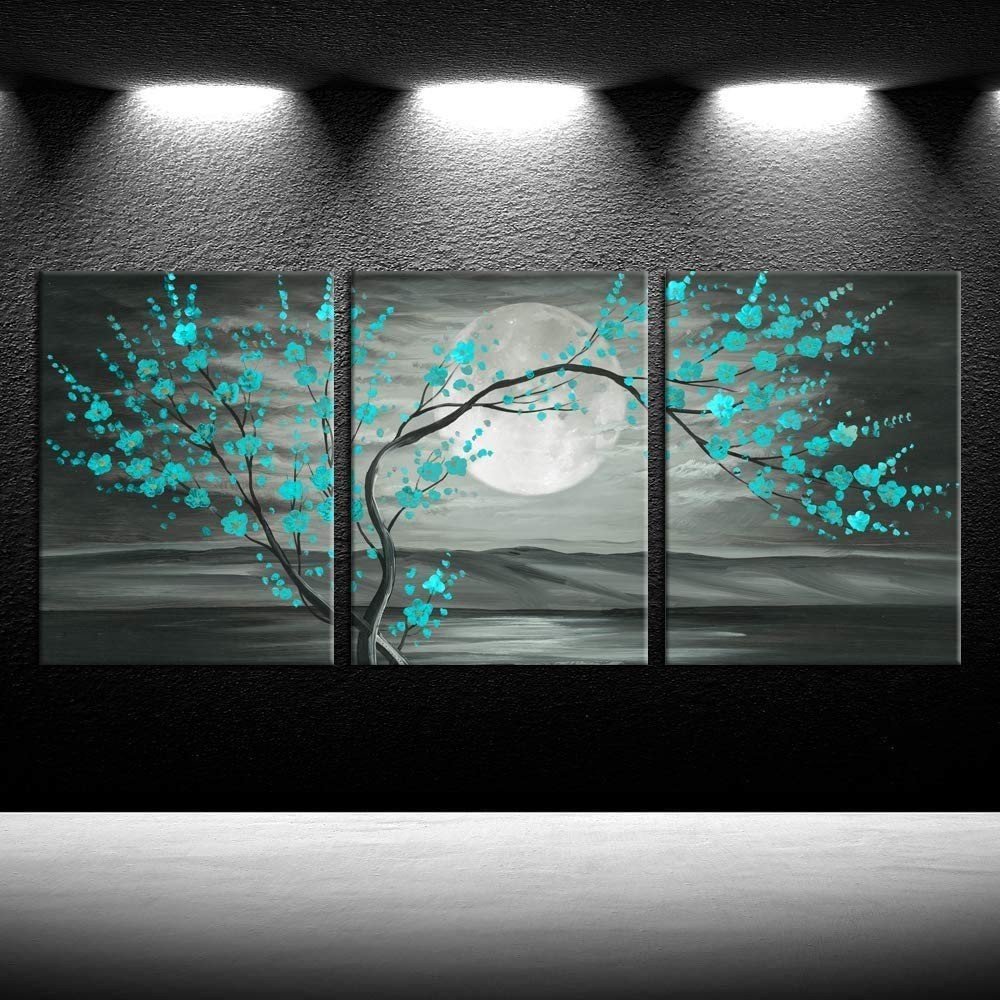 iKNOW FOTO 3pcs Grey and Teal Floral Canvas Prints Framed 16"L x 1"W, Moon
