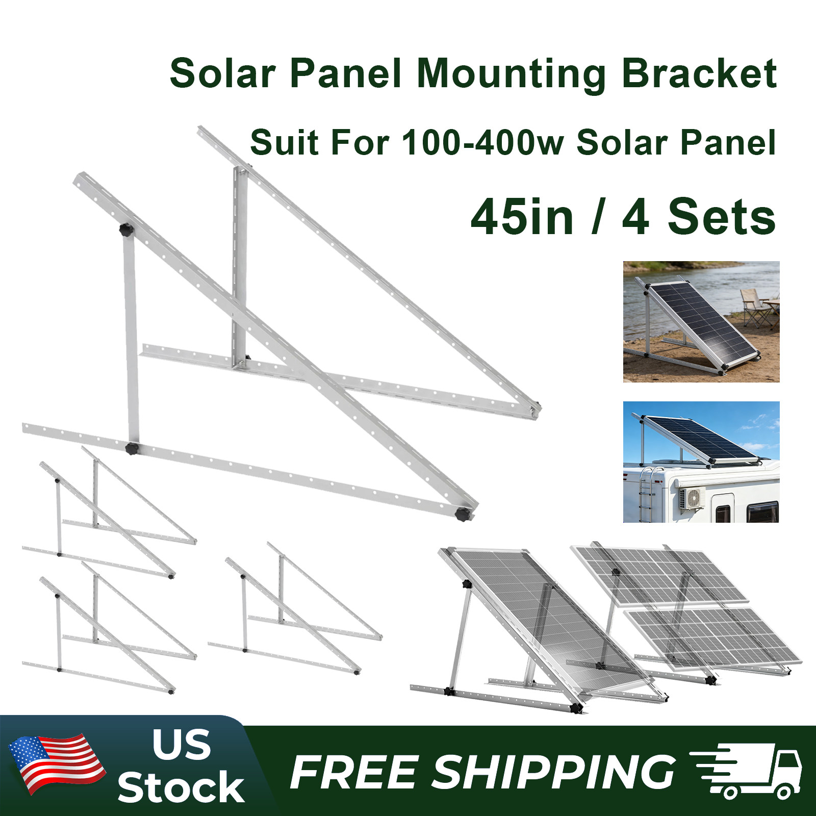 45in 4 Sets Adjustable Solar Panel Mounting Bracket Ground Mount Kit for RV Roof