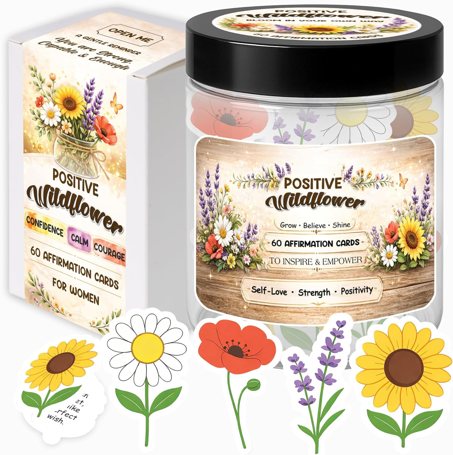 Wildflower Affirmation Cards Jar - Daily Encouragement for Women