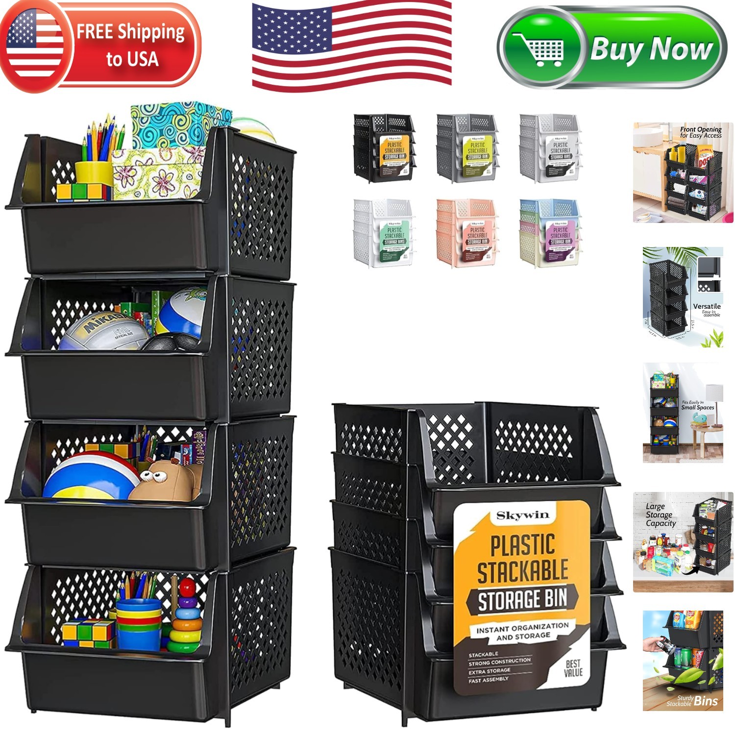Space-Saving Stackable Black Bins - 10kg Capacity Storage Solution, Set of 4