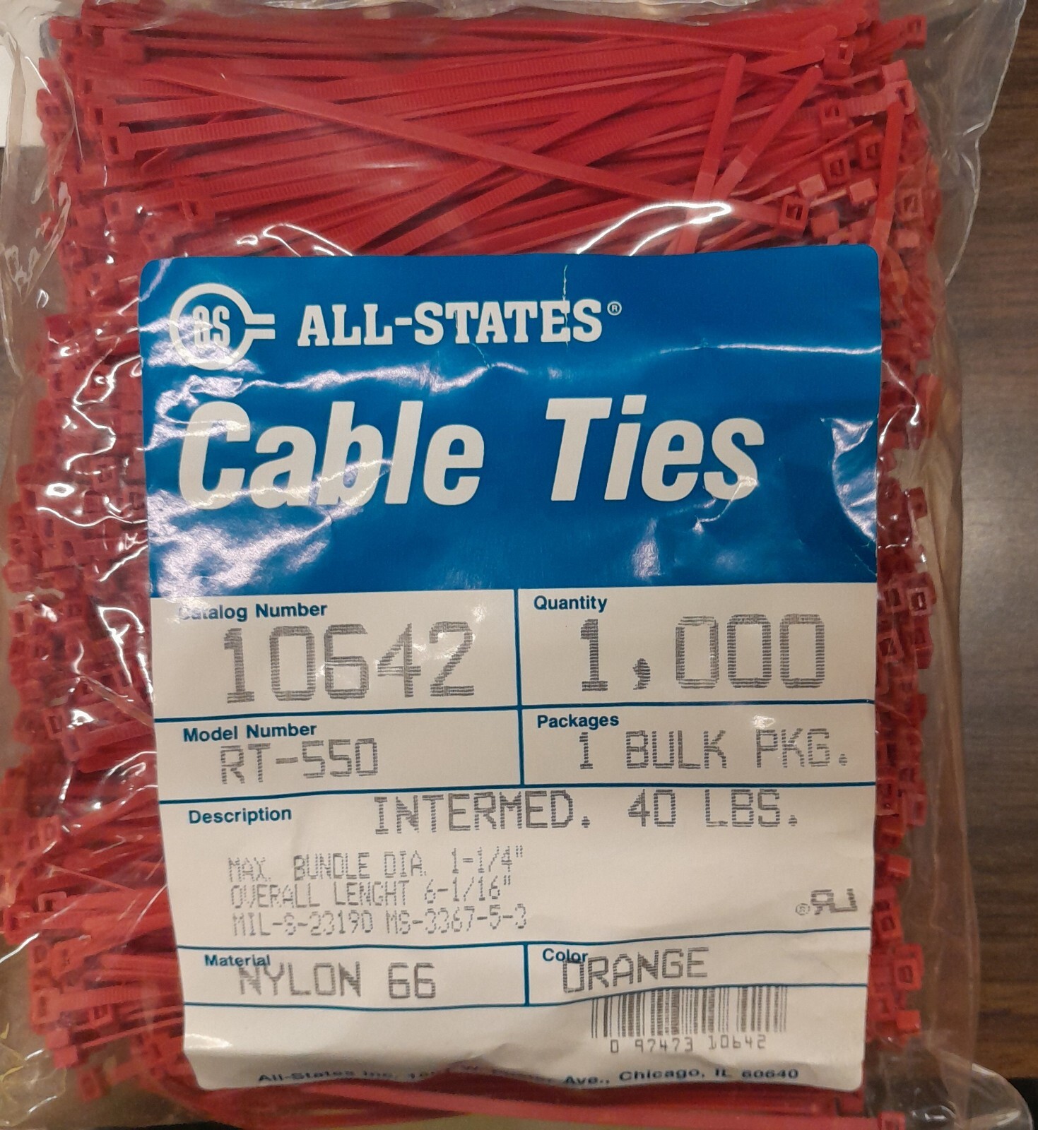 All-States 1,000 Cable ties 40 lbs. 6 1/16 inches red nylon sealed bag SHIP FAST