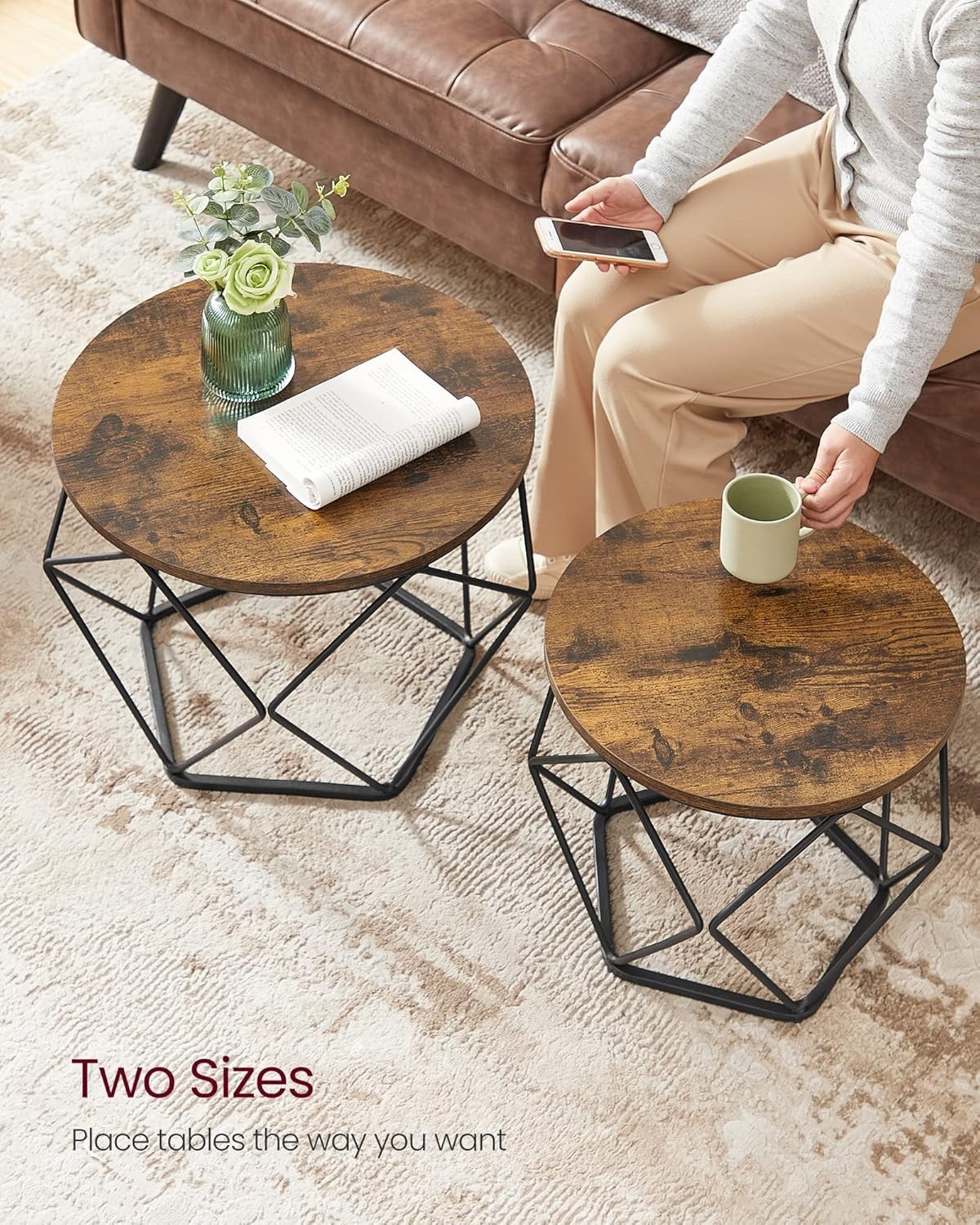 VASAGLE Small Coffee Table Set of 2, Round Coffee Table