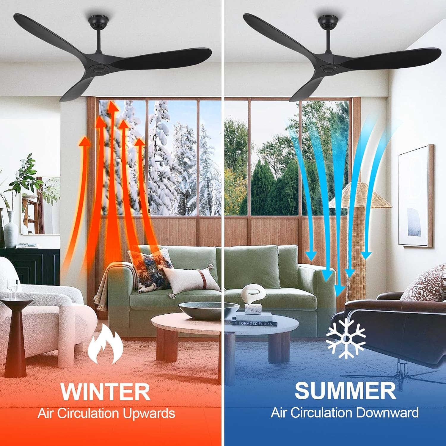 Ceiling Fans without Lights - 60 Inch Ceiling Fan No Light, Black 3 Solid Wood