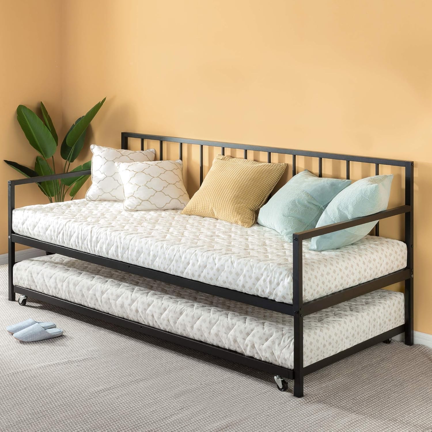 Eden Metal Daybed with Trundle, Mattress Foundation with Steel Slat Suppor