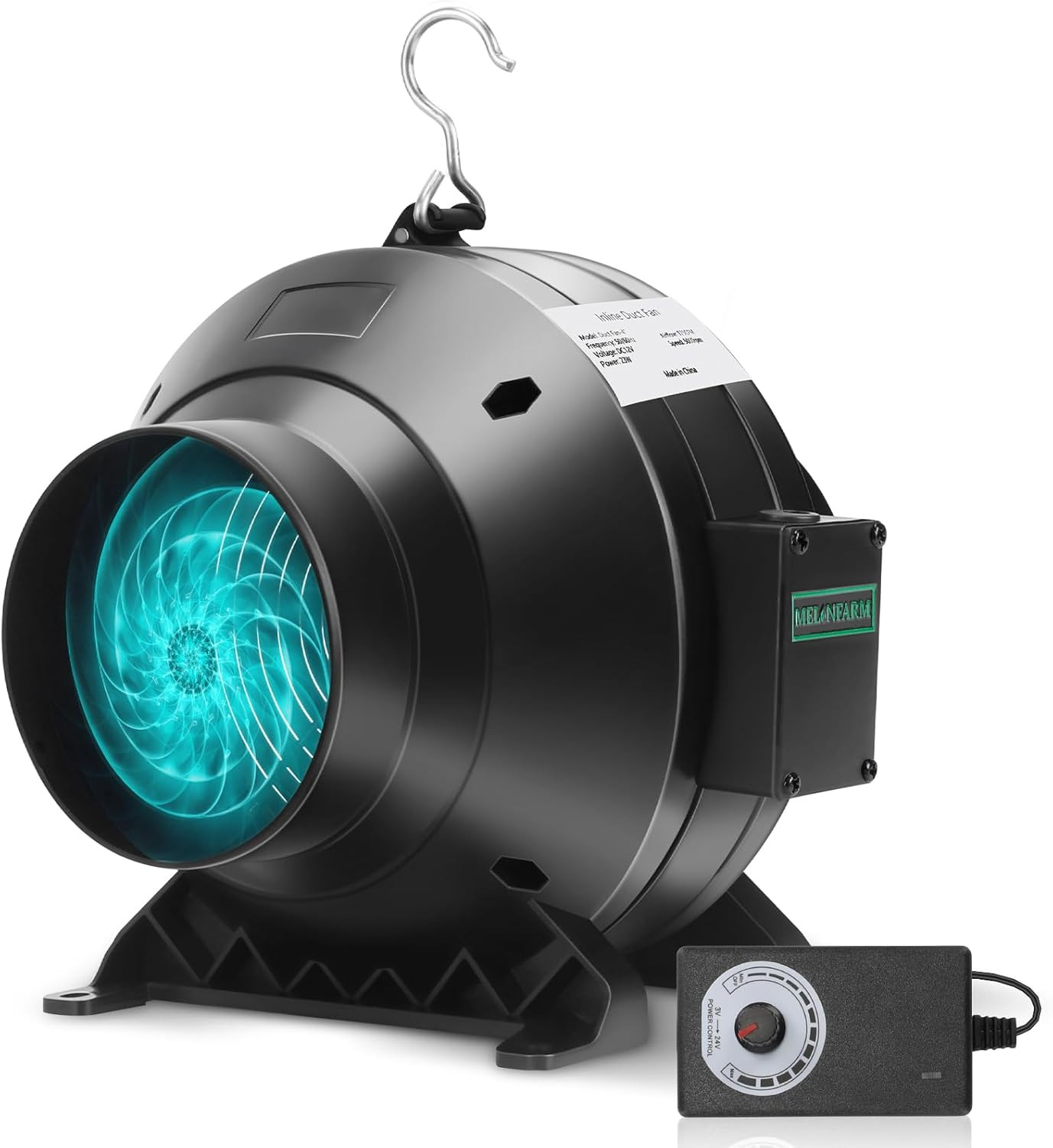 4" Inline Duct Fan 190 CFM with E12 Speed Controller for Ventilation Systems