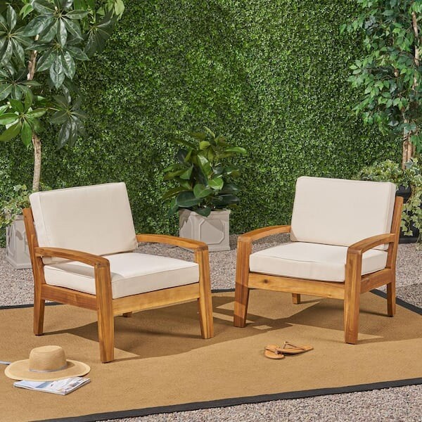 Grenada Teak Finish Stationary Wood Outdoor Lounge Chair with Beige Cushion (2-P