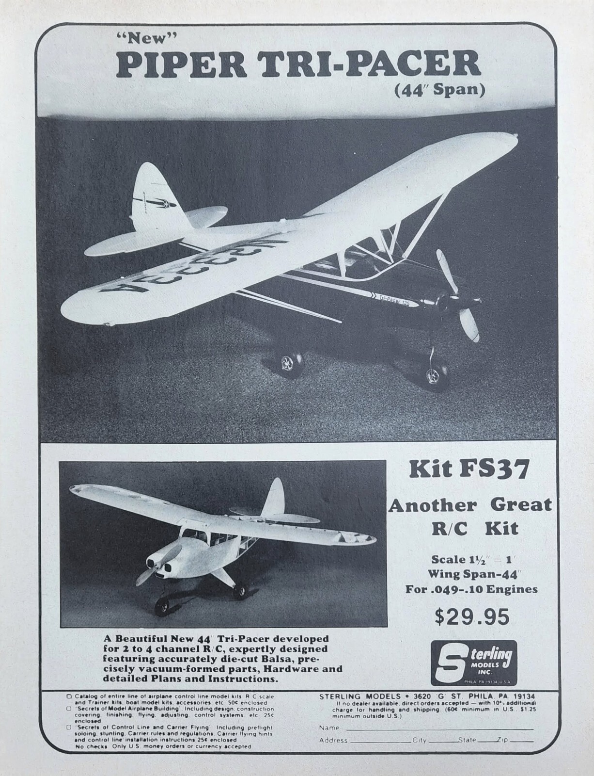 Piper Tri-Pacer Vintage Print Ad by Sterling Models Kit FS37 44" Span