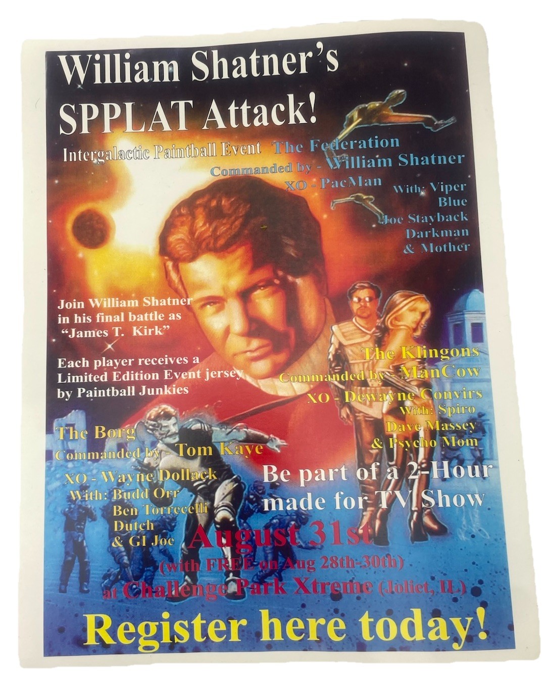 ⭐ William Shatner Spplat Attack! Mancow Paintball Scenario Game Promo Flyer ⭐