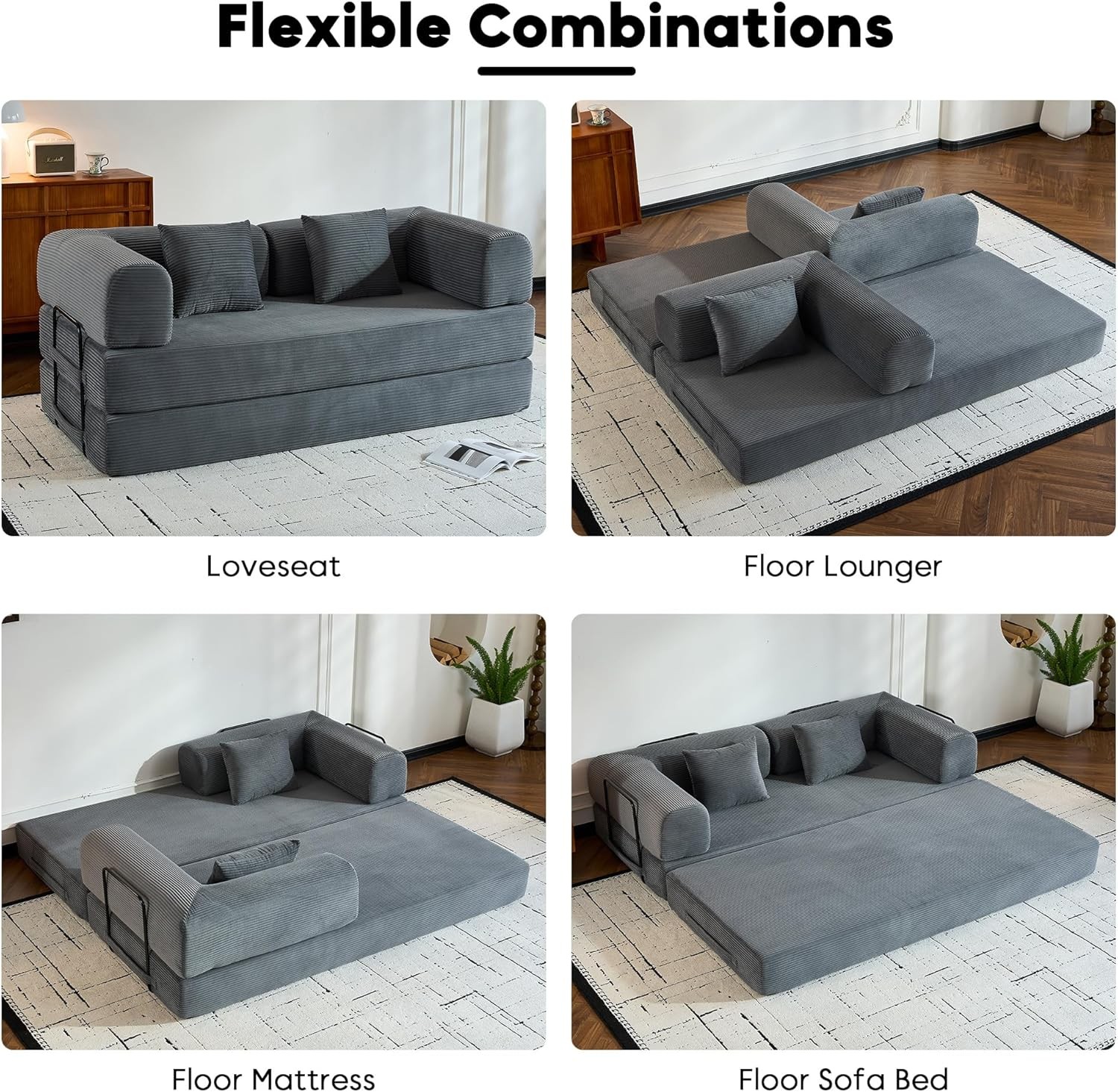 77.9" Convertible Floor Bed Folding Couch with Back Support Fixed-Shape Frame