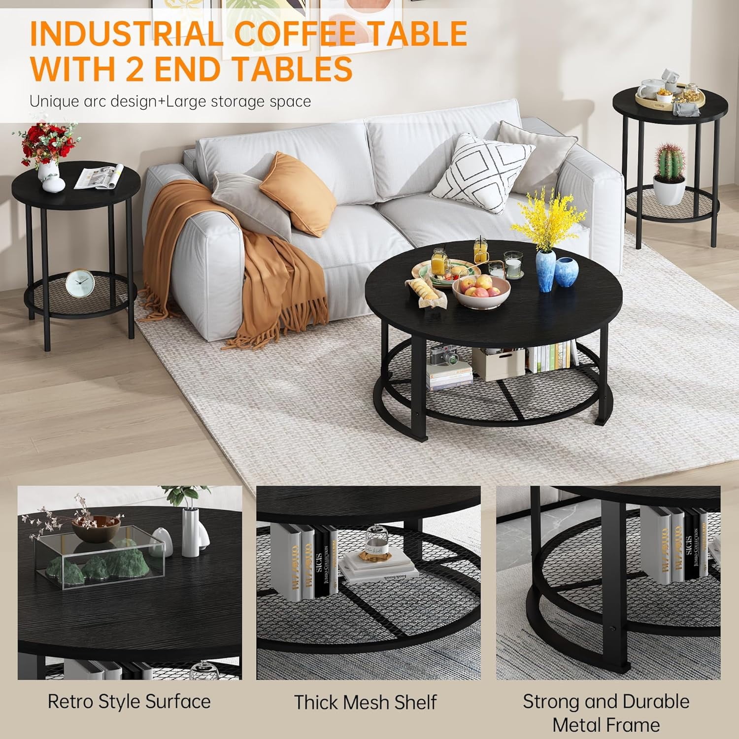 LinkRomat 3-Piece Coffee Table Set with Storage, Round Coffee Table & 2 Matching