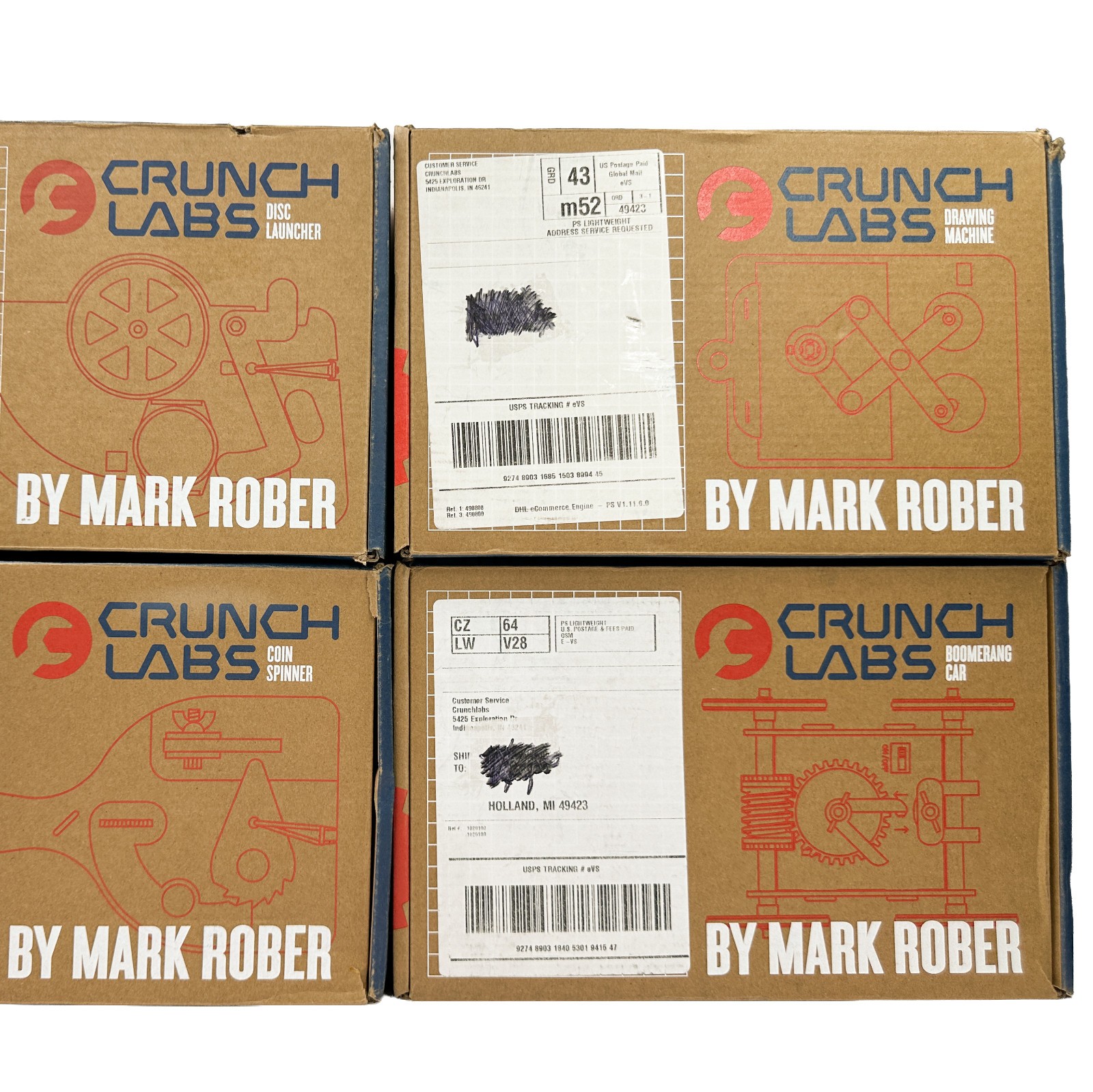 LOT of 4 Crunch Labs Mark Rober Disc Launcher Coin Spinner Boomerang Car Drawing