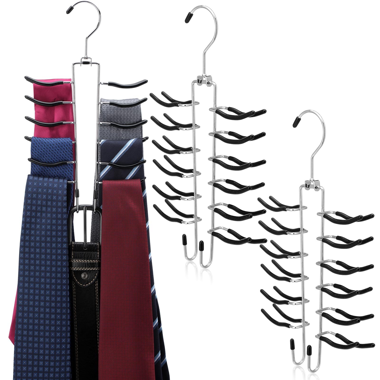 3 Pcs Swivel Tie and Belt Hanger for Closet with 26 Metal Hooks, Necktie Orga...