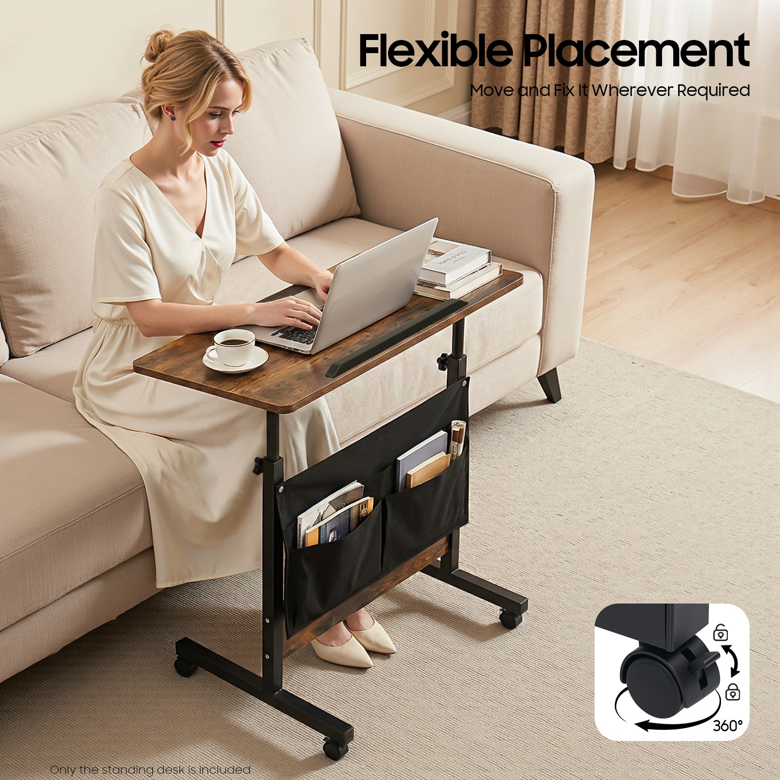 10KG Load Work Table with Wheels Modern Mobile Standing Desk MDF & Steel Frame