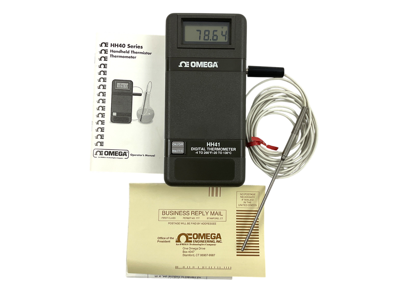Omega HH41 Digital Thermometer Thermal Resistor w/ON-400 Series Thermistor Probe