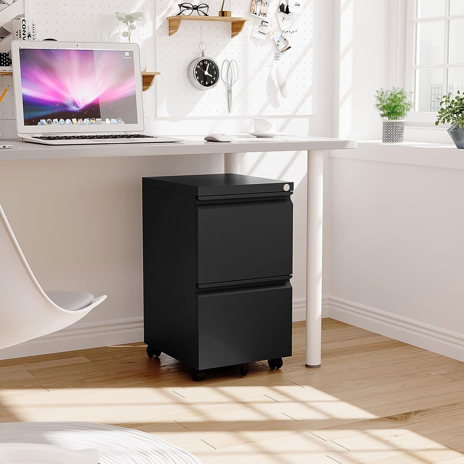 Metal 2 Drawers Office Filing Storage Cabinet with Lock Wheels Rolling Cabinets