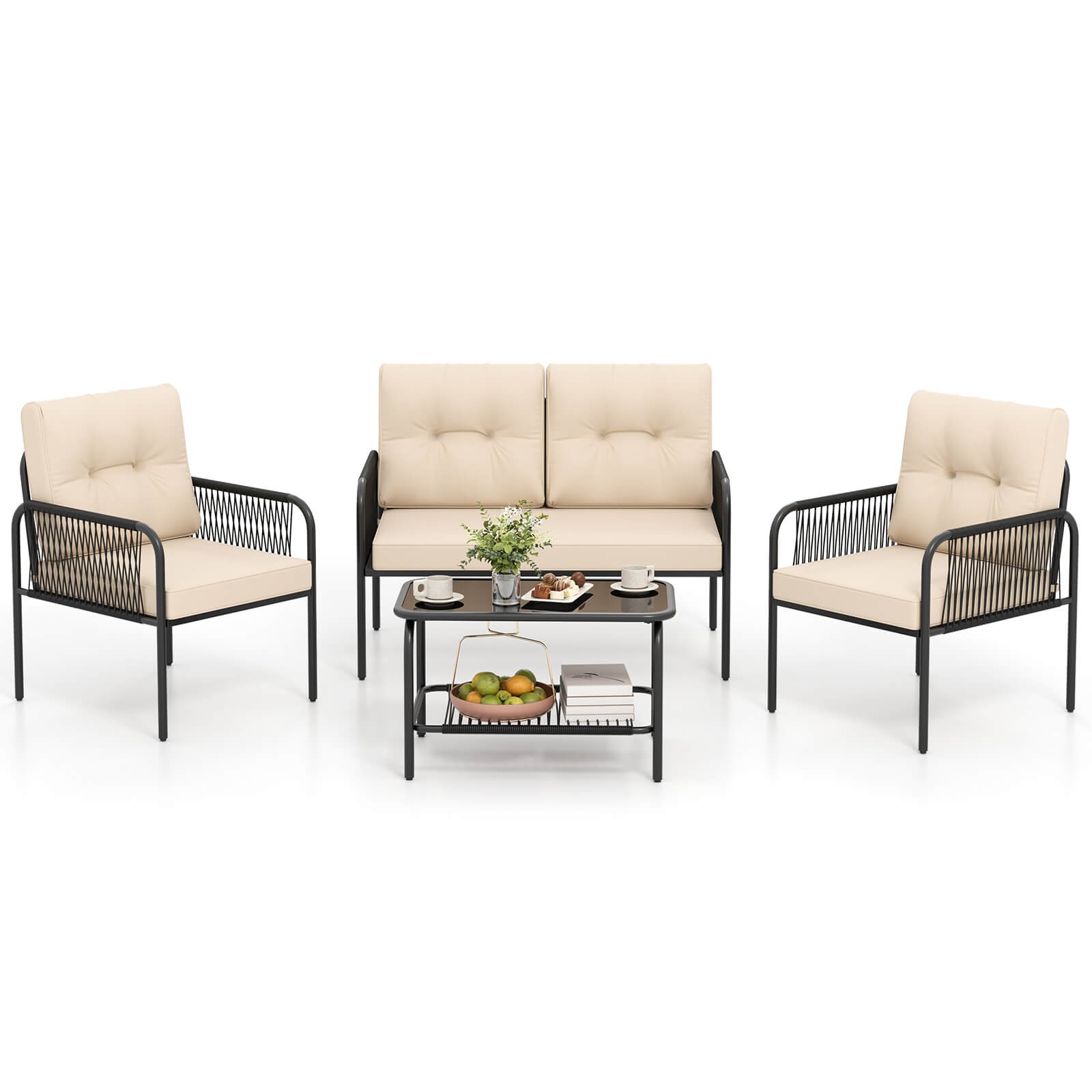 4 PCS Patio Furniture Set w/Loveseat Tempered Glass Coffee Table & Soft Cushions