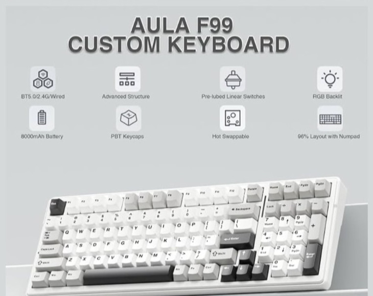 AULA F99 Wireless Mechanical Keyboard  Tri-mode Grey/white