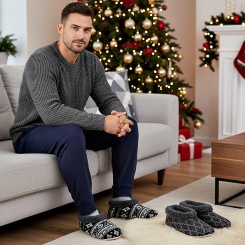 cosyone1997 2-Pair Men's Slipper Socks Fluffy 10-11 2-pair Knit Black & Grey