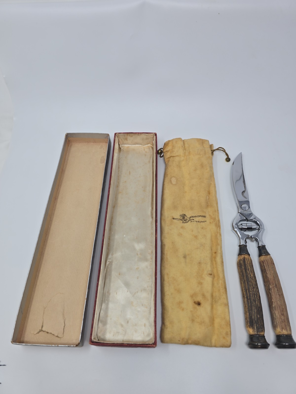 Vintage Poultry Bone Kitchen Shears  Stainless Antler Stag Handles Grogan W/ Box