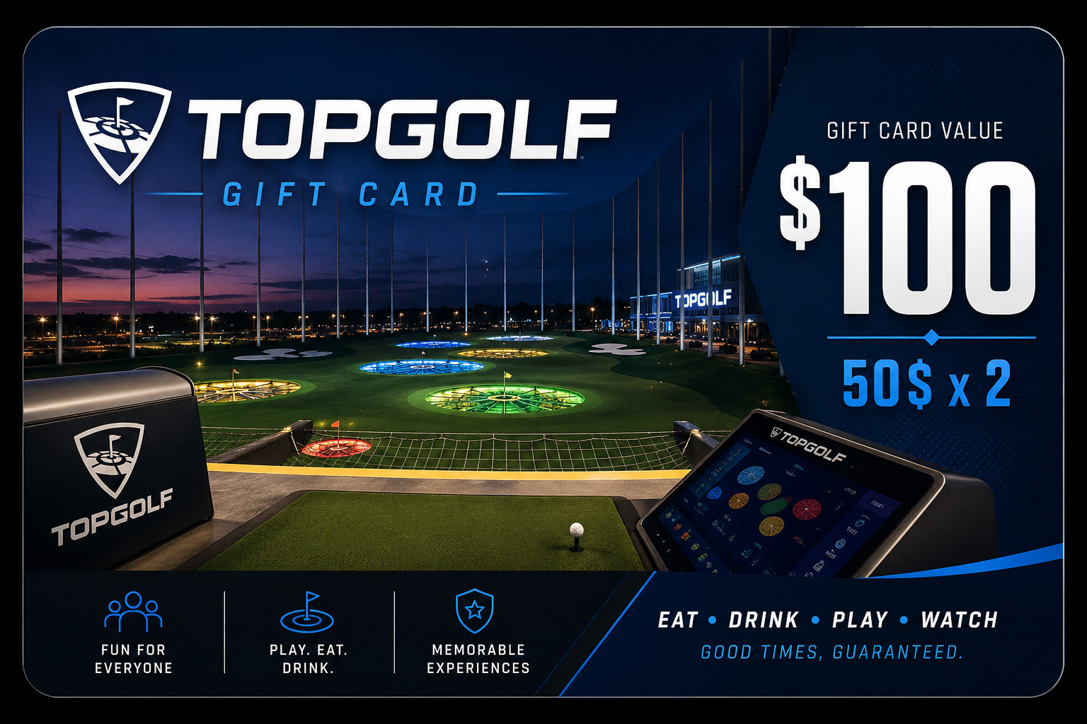 $100 Top Golf e Giftcard Value 2 x $50 US Food Drinks Game Social Sports