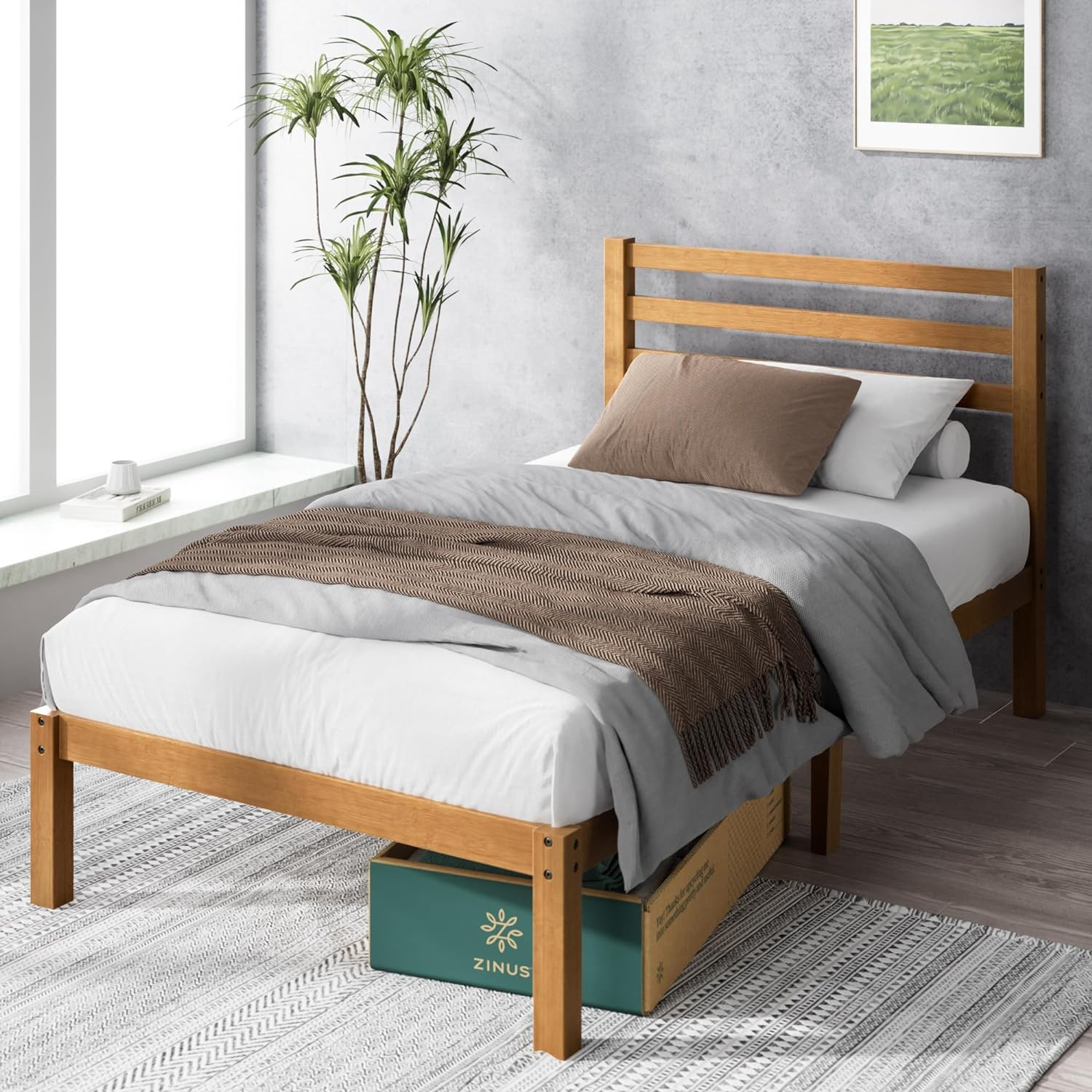 Leah Twin Bamboo Platform Bed Frame with Headboard - Easy Assembly, No Box Sprin