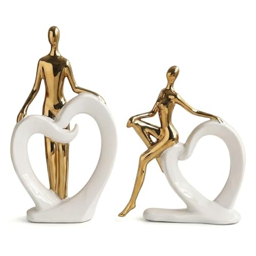 Ceramic Statues Aesthetic Abstract Couple and Heart Sculpture White and Gold