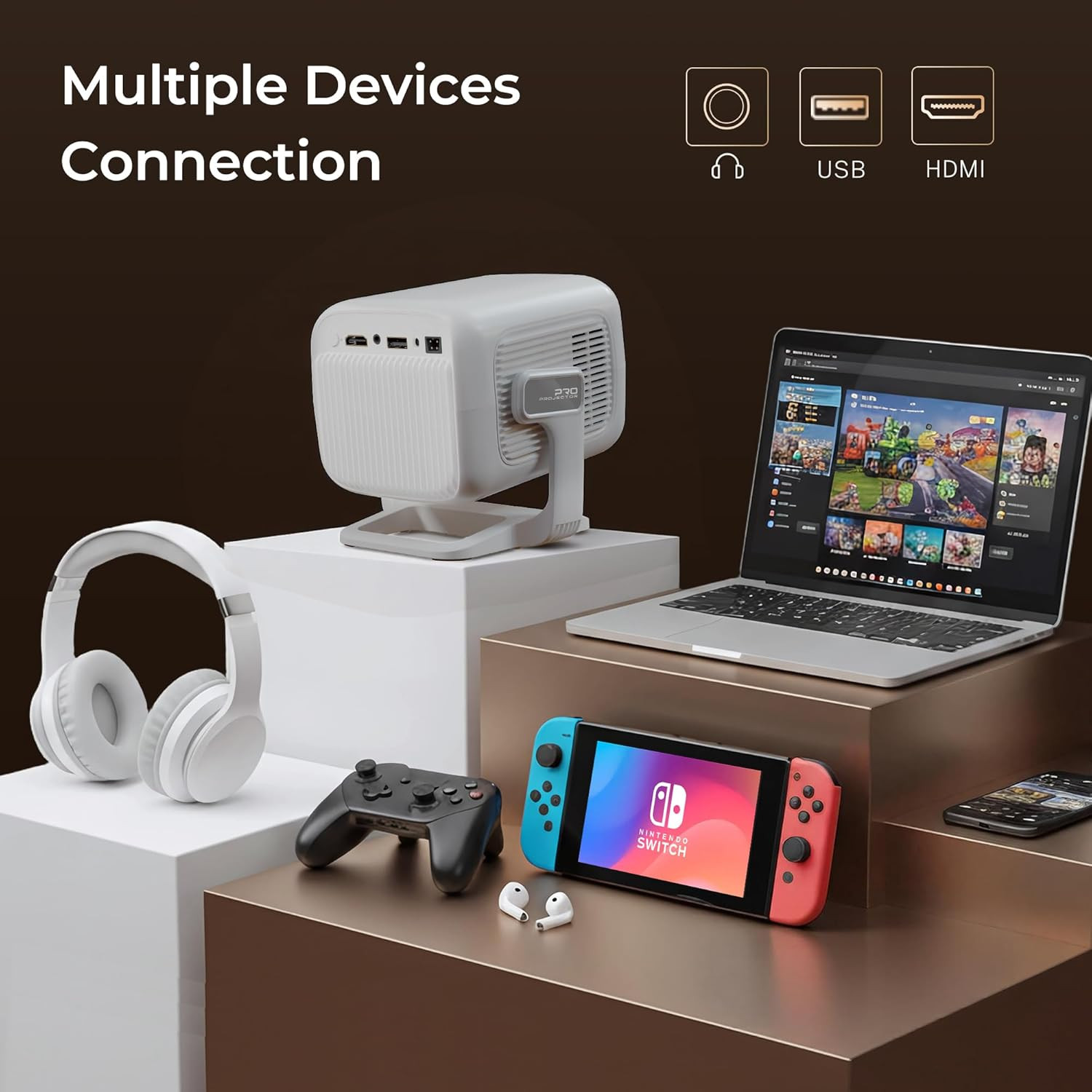 Portable 1080P Smart Projector with WiFi 6, Bluetooth 5.4, Auto Focus & Keystone