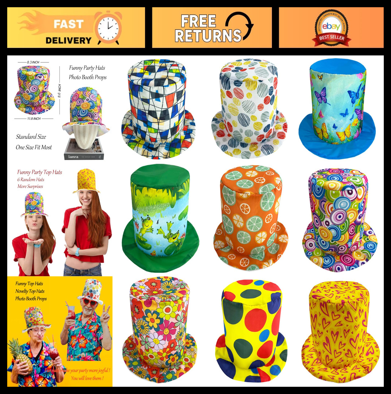 6 Funny Assorted Pattern Party Top Hats - Novelty Dress Up Costume Hats for Adul