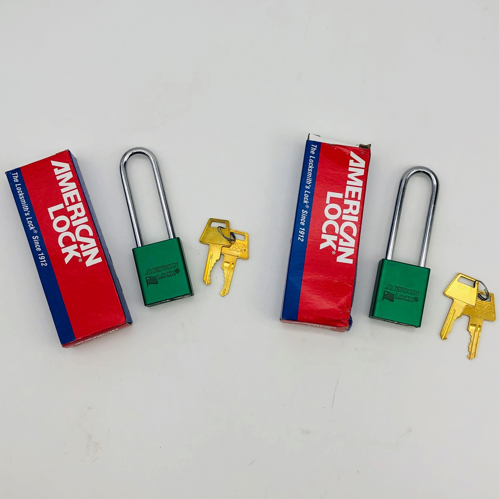2x American A1107GRNKD Padlock Green Anodized Aluminum 3in SH Keyed Differently