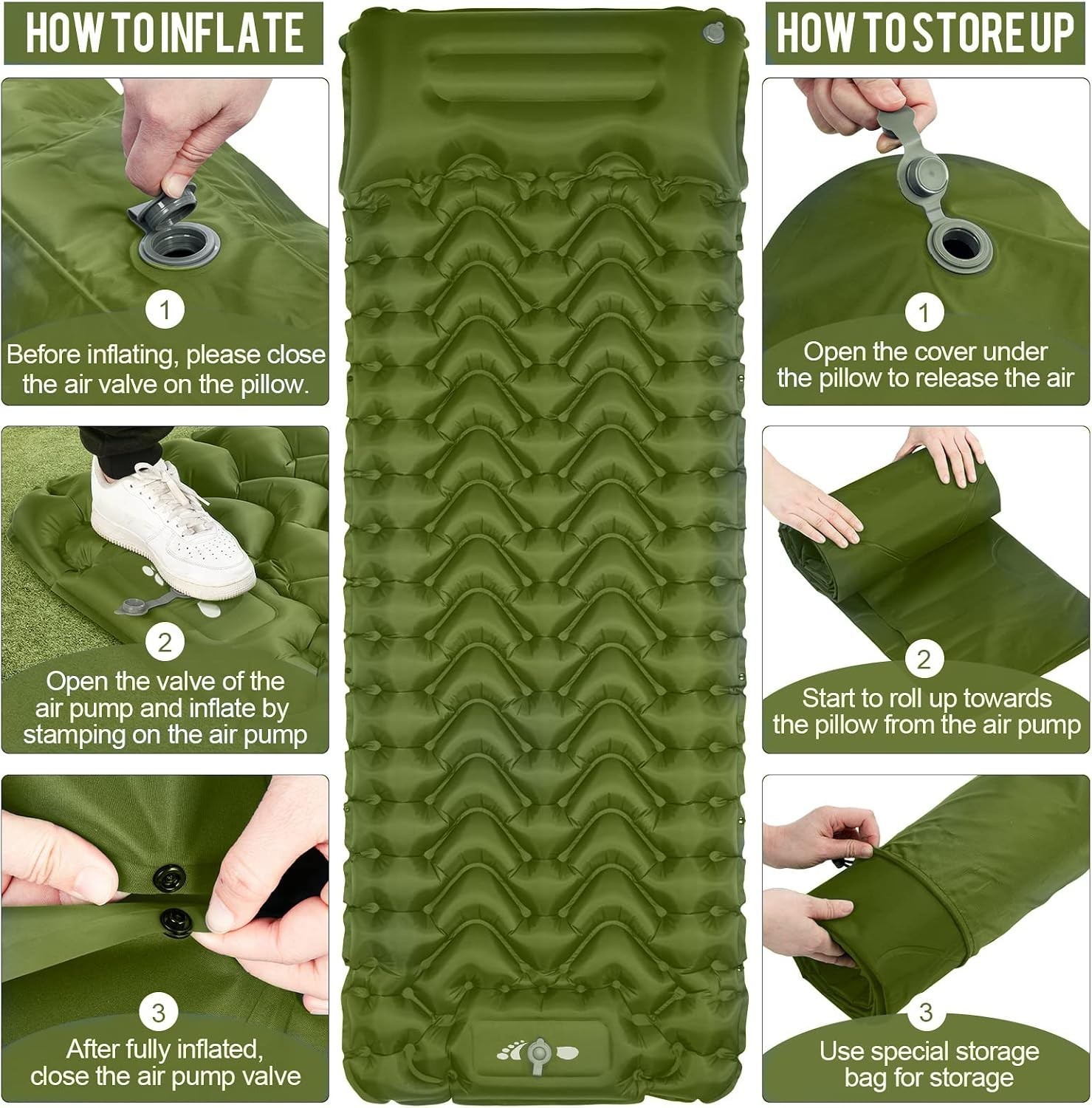 Ultralight Inflatable Sleeping Pad - Built-in Pump, Compact & Waterproof - Green