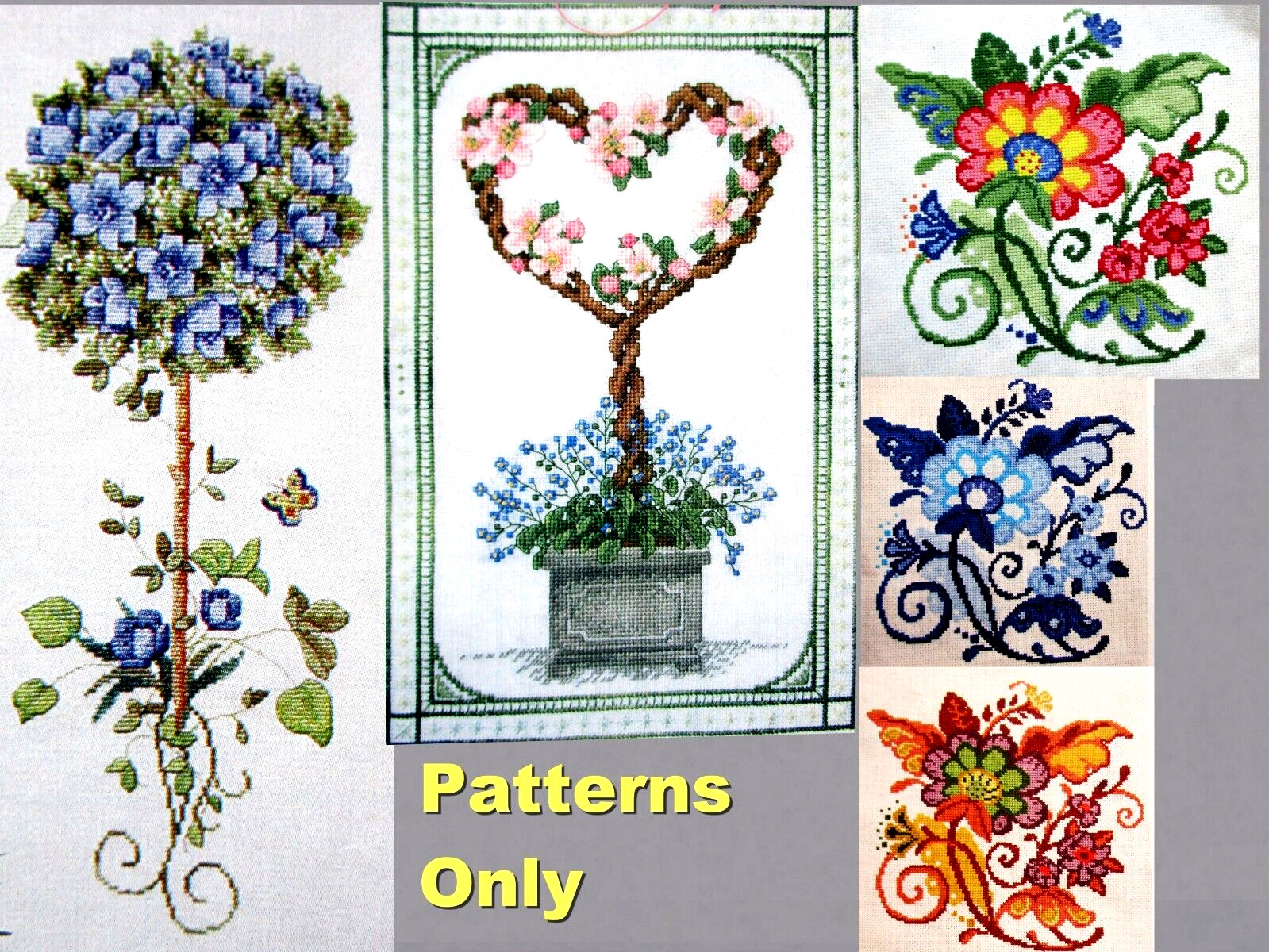 Topiary Spring Summer Apple Blossoms Forget Me Not Floral CROSS STITCH PATTERNS