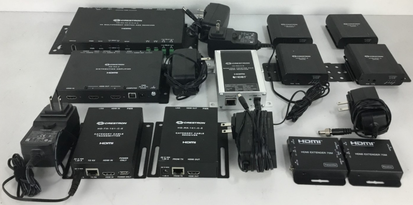 LOT OF 11 CRESTRON HDMI TRANSMITTERS AND RECEIVERS AND USB EXTENDERS