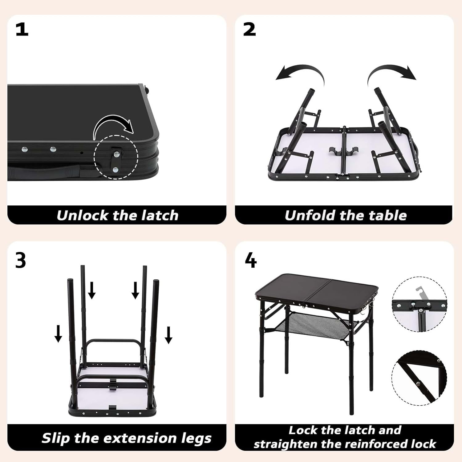 Folding Picnic Table with Storage Net, Matte Black 23.6x15.8x27,
