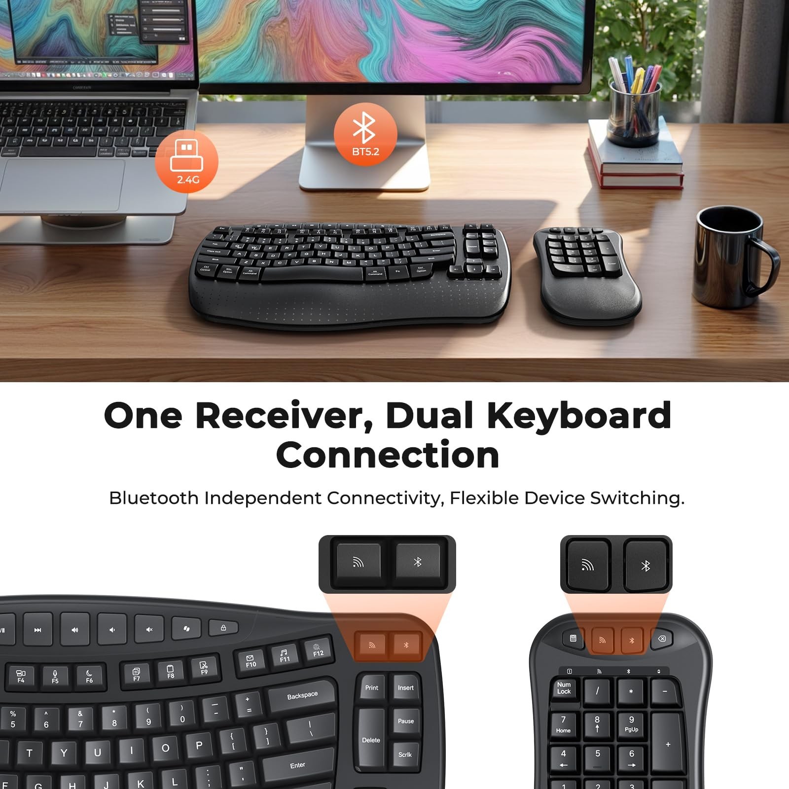 MEETION Wave Ergonomic Split Keyboard with Numeric Keypad, Black | 2.4G/Bluet...