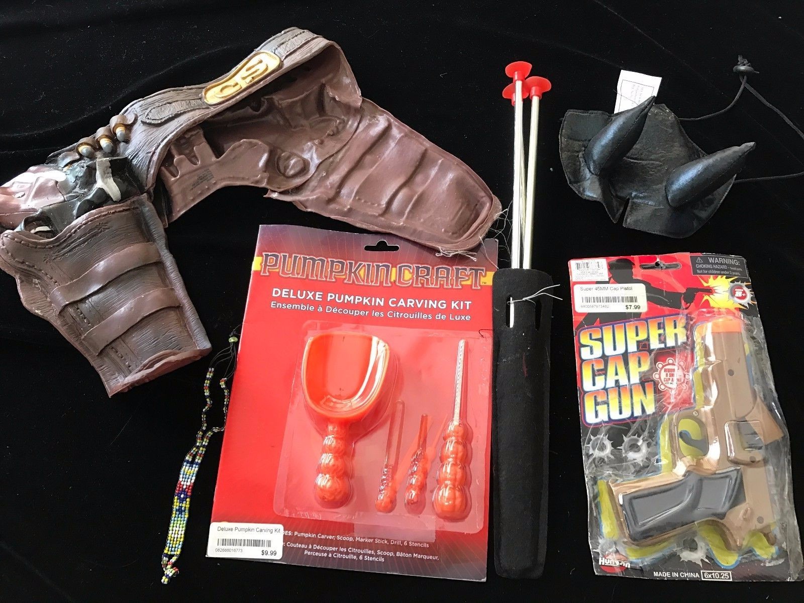 HALLOWEEN LOT BOYS SUPER CAP GUN ARROWS PUMPKIN CARVING BOOK TOOLS BELT BEADS